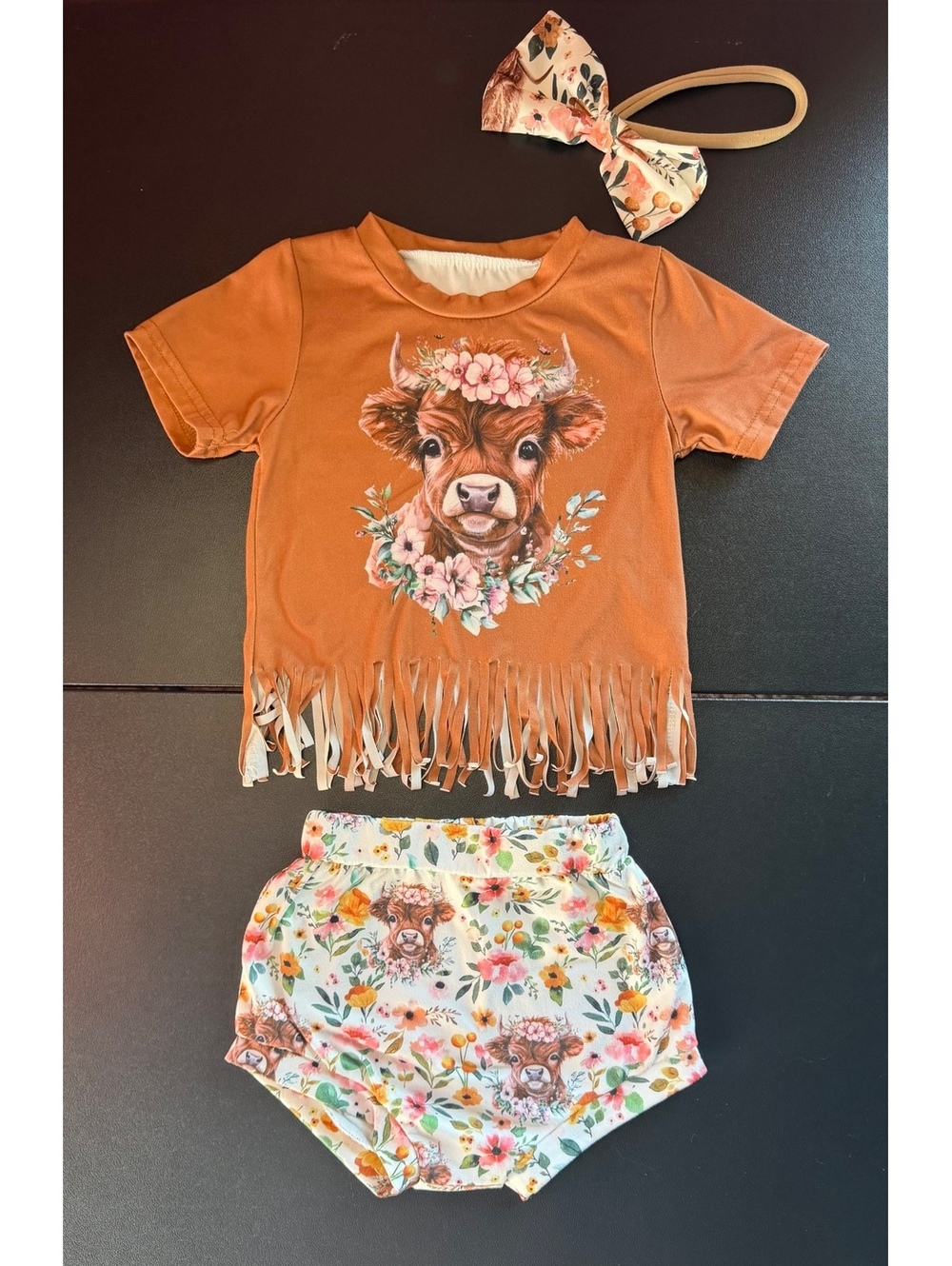 Baby Girl Highland Cow Outfit 6-12M Western Floral Fringe 3 Piece Cowgirl Set